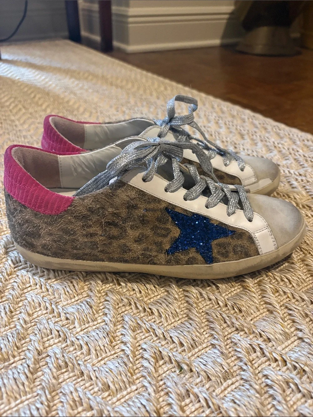 Golden Goose Leopard Print Sneakers with Blue Star Accent